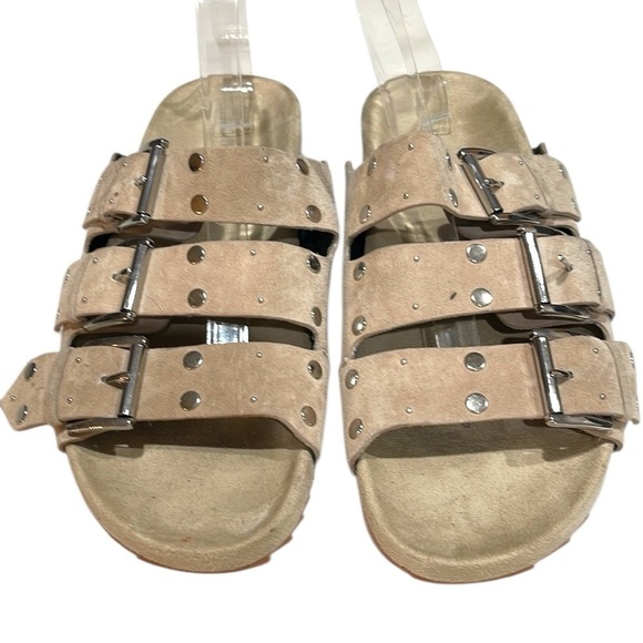 Rebecca Minkoff Triple Strap Tania Studded Slide Sandals Sahara Tan Suede SZ 9.5 - Picture 2 of 9